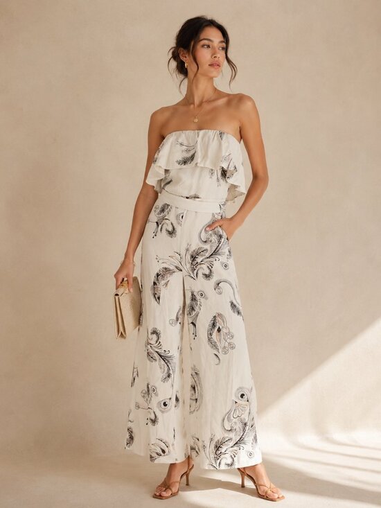 Babaton Pants - Babaton Strapless Ruffle Wide Leg Jumpsuit Floral Paisley Ivory Size 8
